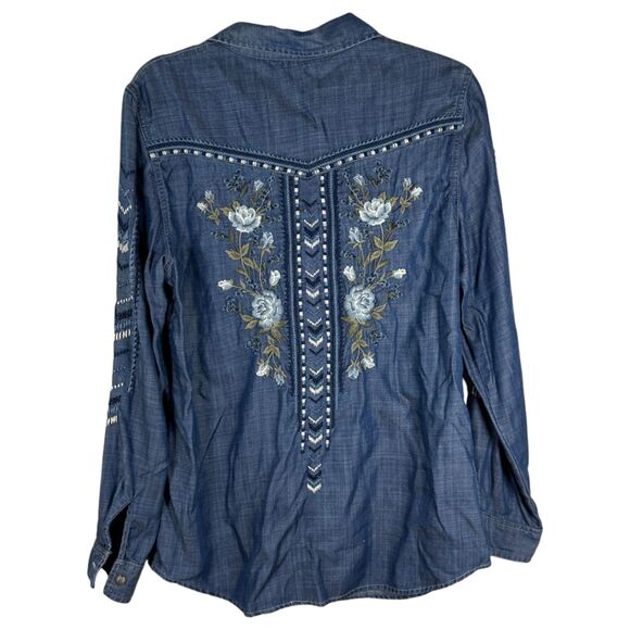 Driftwood Embroidered Button Chambray Denim Lana Shirt Ocean Dusk Size Medium - Picture 8 of 11